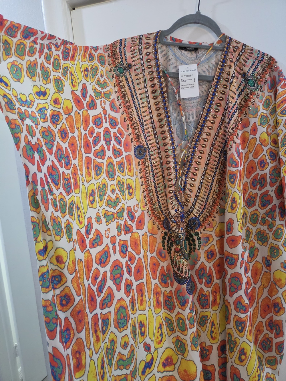 Colorful Beaded V-Neck Kaftan Tunic - Orange, Yellow & Teal